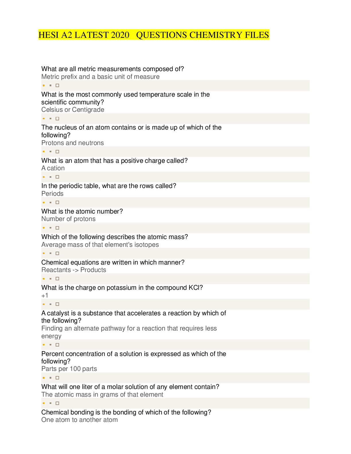 Preview image for HESI A2 LATEST 2020   QUESTIONS CHEMISTRY FILES